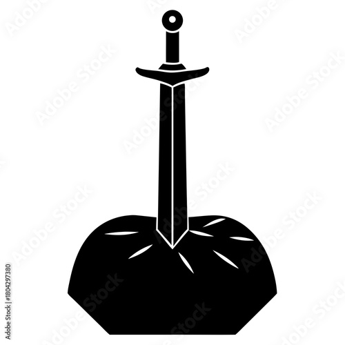Black silhouette of a sword plunged into a stone mound, impact