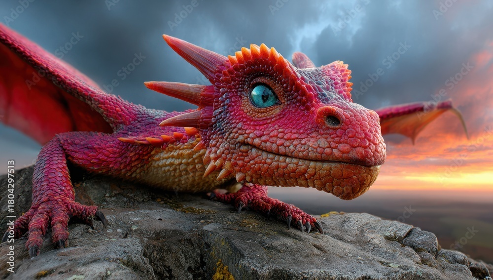 Fototapeta premium Red Dragon with Wings on Rock Formation Against Sunset Sky Fantasy Creature with Scales and Horns Mythical Animal in Outdoor Setting