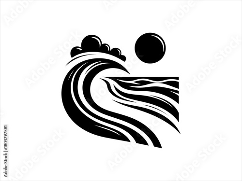 Beach landscape presented as a simple black vector emblem design. Nature scenery concept