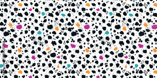 Doodle Pattern with Multicolored Spots and Dots. Hand drawn colorful ink circles with retro messy texture. Dry brush strokes. Vibrant playful seamless background perfect for textiles, wrapping paper