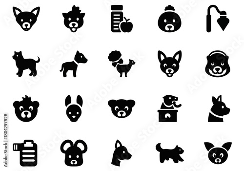 A diverse set of solid black glyph icons featuring various animals and pets like dogs, cats, bears, and rabbits for graphic design projects