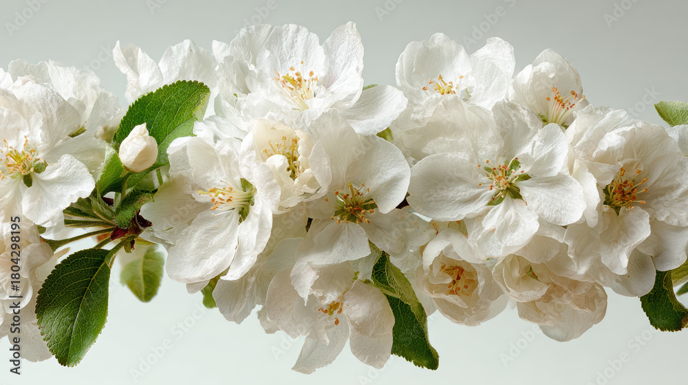 Fototapeta premium Delicate fresh white tree flower blossom branch closeup. Romantic blooming spring flowers isolated on clean background for purity and beauty
