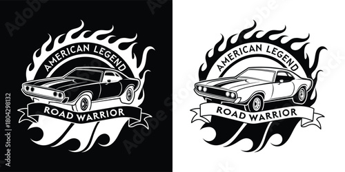 American legend road warrior vintage muscle car with flames graphic design