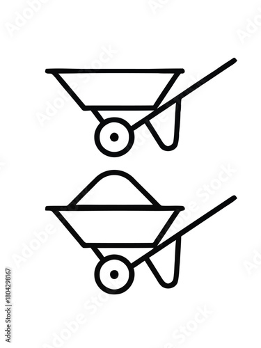 Simple line art icons of an empty and a full wheelbarrow, representing work, transport, and labor concepts
