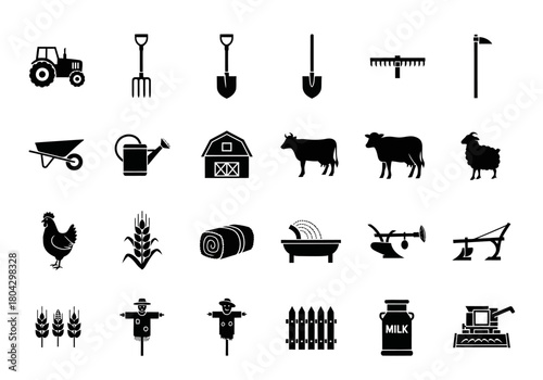 A comprehensive set of solid black glyph icons representing farming, agriculture, livestock, and rural equipment on a white background