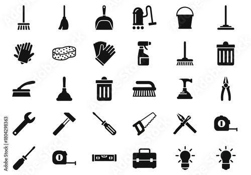 A comprehensive set of monochrome glyph icons representing various household tools, cleaning supplies, and repair equipment for home maintenance