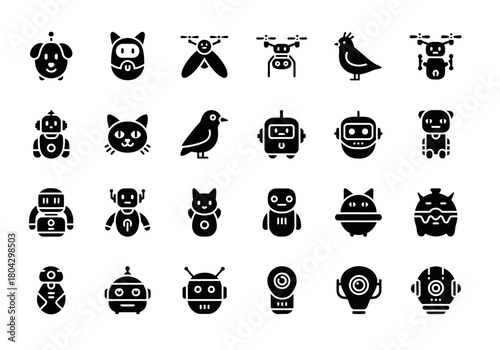 A collection of solid glyph icons representing futuristic robotic animals and advanced technology, including androids, cyborgs, and drones