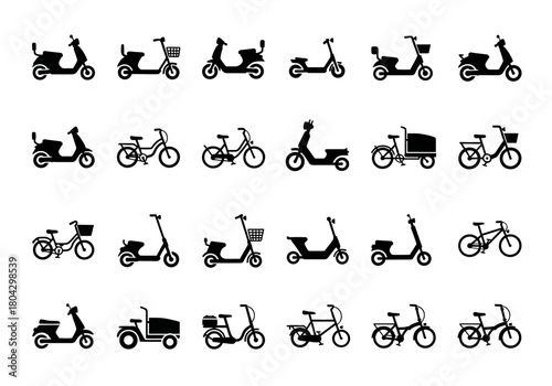 Vector icon set of two-wheeled vehicles including various types of electric scooters, mopeds, and bicycles shown as simple black silhouettes