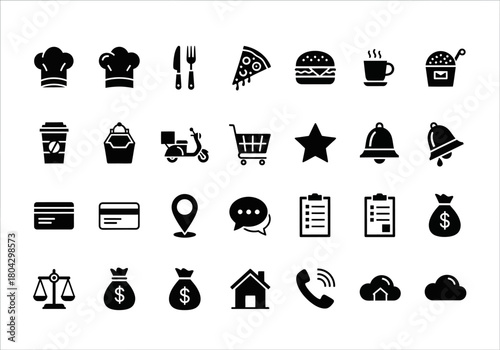 Set of solid glyph icons for food delivery service, online ordering app, and restaurant business. Vector symbols for web and mobile