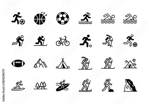 Collection of sport and outdoor activity line icons for recreation and lifestyle. Vector symbol set for web and mobile