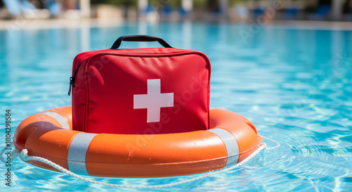 First aid kit floats in a swimming pool, safety concept for summer fun. A red first aid kit rests on a life preserver in a pool, symbolizing water safety and emergency preparedness