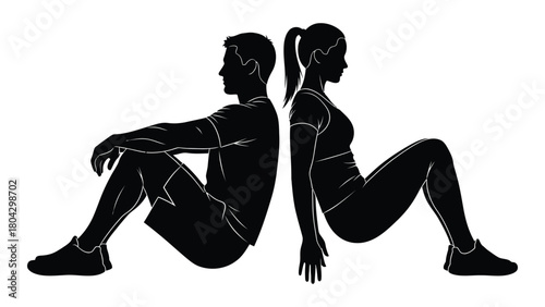 Silhouettes of man and woman sitting back-to-back isolated on white background, Vector