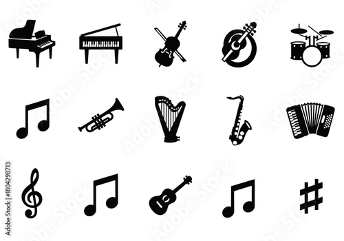 A collection of black silhouette icons featuring various musical instruments and music notation symbols, presented as a vector graphic set