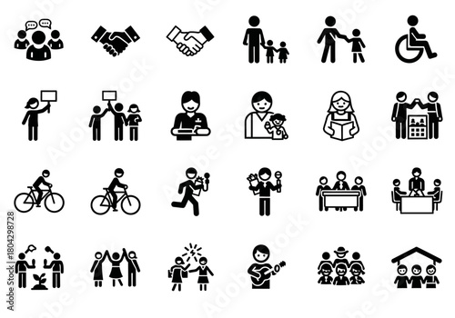 A versatile vector collection of stick figure pictograms illustrating diverse human activities, community engagement, and social relationships