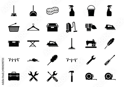 Simple black glyph icons collection for household cleaning, laundry, and DIY tool kit. Vector graphic elements isolated on white
