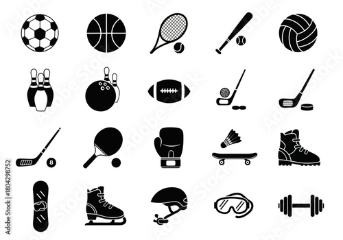 A versatile set of sports and recreation icons, featuring athletic equipment for various games like football, basketball, and hockey in a simple glyph style