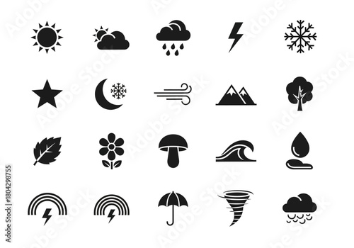 Weather and nature icon set with solid black glyph symbols for forecast and climate. A simple vector pictogram collection concept. npm248