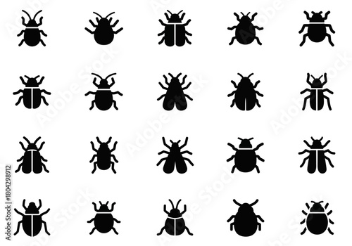 A diverse collection of simple black glyph icons featuring various insects, bugs, and beetles. Vector symbols for entomology or pest control