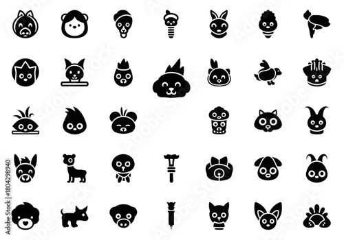 Vector collection of solid black animal glyph icons. This set includes various cute pet heads and character mascots for creative design