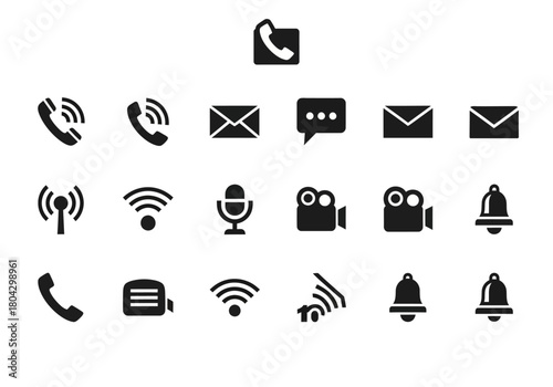 Vector collection of essential communication and technology icons. Solid black glyphs for phone calls, email, wireless signals, and alerts for UI design, based on npm268.eps concept