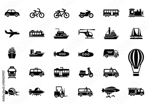 A versatile set of thirty solid black glyph icons depicting various modes of transportation for land, sea, and air travel