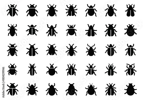 Vector icon set of various insects and bugs. Simple black glyph pictograms of beetles, flies, spiders, and other arthropods isolated on a white background. npm293