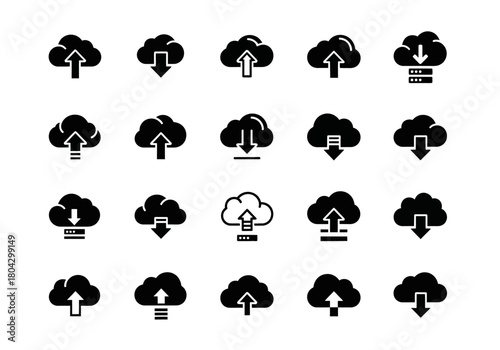 A versatile set of solid black cloud upload and download glyph icons, perfect for web design, apps, and digital storage concepts