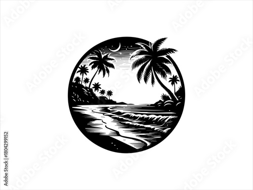 Beach landscape presented as a simple black vector emblem design. Nature scenery concept