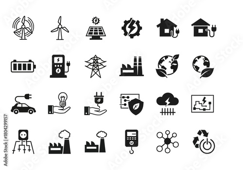 Renewable energy and ecology icon set. Collection of simple glyphs representing sustainable power, green technology, and electricity generation