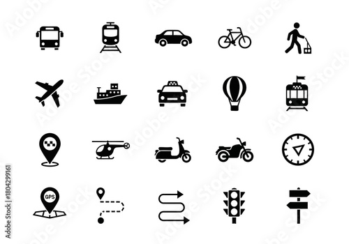 A comprehensive collection of black glyph icons representing transportation, travel, and GPS navigation. This vector set includes various vehicles, routes, and location symbols