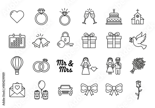 Wedding and marriage line art icon set. A collection of vector symbols representing love, romance, and celebration for graphic design