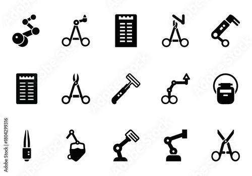 Glyph icon set featuring precision surgical instruments, industrial automation robotics, and scientific equipment symbols