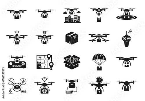 Drone technology vector icon set featuring unmanned aerial vehicles for package delivery, logistics, and surveillance