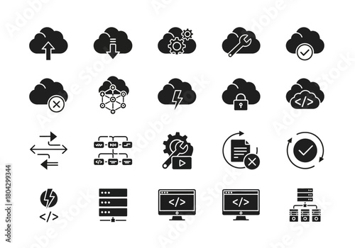 Cloud computing and data server glyph icons set. Solid black symbols representing web hosting, software development, and network technology