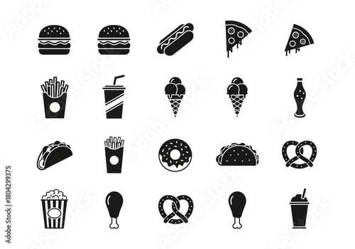 A collection of monochrome fast food glyph icons. This vector graphic set includes hamburger, soda, and pizza symbols for design elements npm315