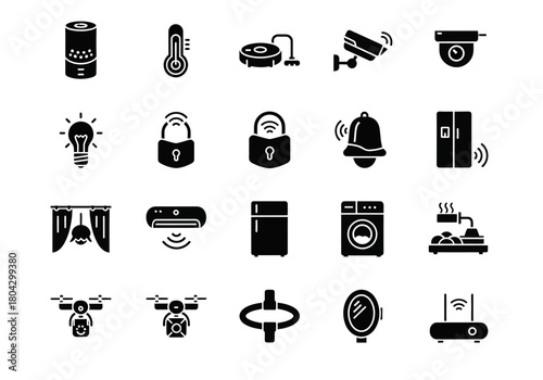 Smart home automation technology black solid glyph icons set for IoT devices and remote control systems npm312