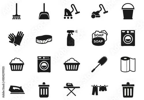 A collection of monochrome glyph icons representing household chores, cleaning services, and laundry equipment