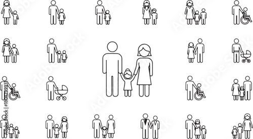 Diverse family icons representing various family structures and life stages