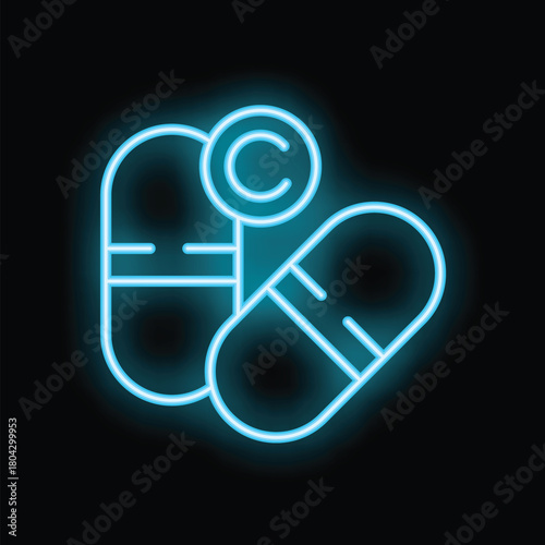 Neon copyright symbol glowing over pills representing pharmaceutical patent