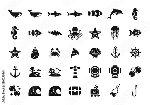 A detailed set of black silhouette icons showing marine life and nautical objects. Vector graphic collection with sea animals and ocean symbols