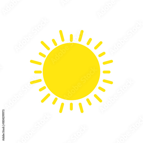 A bright and simple yellow sun icon vector illustration, perfectly isolated on a white background. This clean, modern graphic represents summer, heat, sunny weather, energy, solar power, and happiness