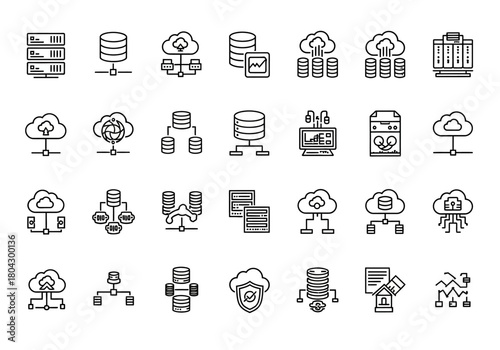 A comprehensive collection of thin line icons representing cloud services, data management, server hosting, and network infrastructure