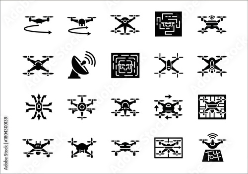 A comprehensive set of solid black drone icons, including UAV flight, surveillance, and technology symbols. npm342.eps vector graphic collection
