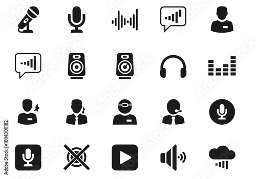 Collection of solid black glyph icons for audio, sound, and communication. Vector symbols include microphone, speaker, headphones, and user interface elements inspired by the npm343.eps asset