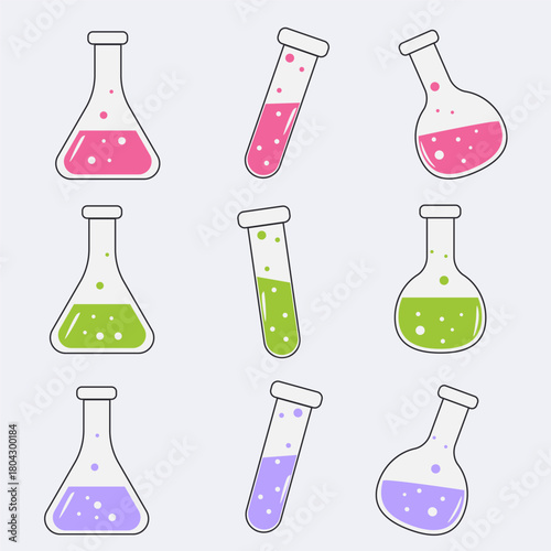 Hand-drawn glass flasks with chemical liquids inside. Laboratory supplies and information.