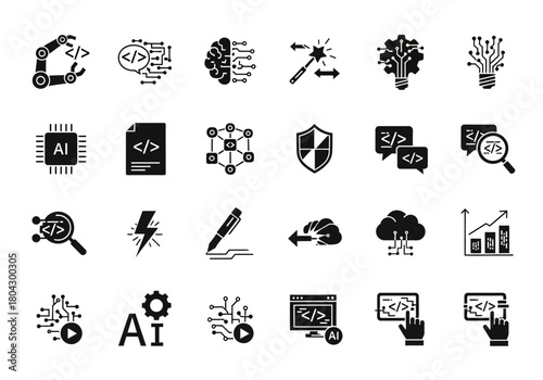 A versatile set of vector line icons depicting artificial intelligence, machine learning, coding, and data security. Tech concept collection npm354.eps