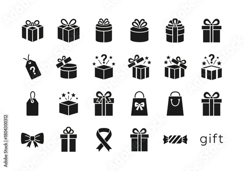 Vector icon set of gift boxes and presents. Black silhouette symbols for celebration, birthday, and holidays