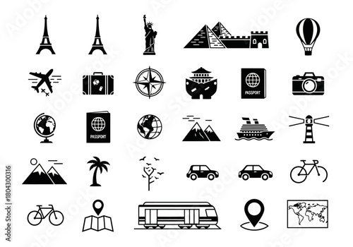 A comprehensive set of black glyph icons for travel, tourism, and vacation, featuring world landmarks, transportation, and holiday symbols