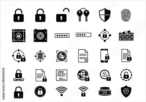 A comprehensive set of solid black glyph icons representing cybersecurity, digital data protection, online privacy, and network security concepts