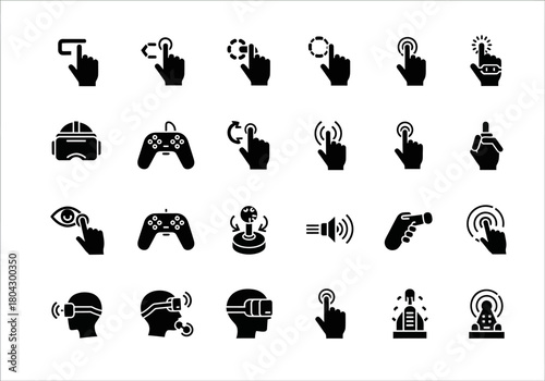 Virtual reality and touchscreen gesture glyph icons set for interactive technology and gaming interface design on a white background
